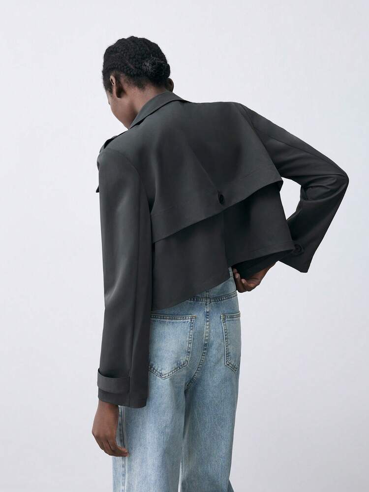 SHEIN Maija 여성용 캐주얼 루즈핏 회색 솔리드 긴팔 크롭 재킷 코트 (가을용)