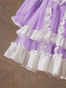 SHEIN Baby Girl Round Neck Contrast Color Ruffle Hem Long Sleeve Dress - Mauve Purple - View 6