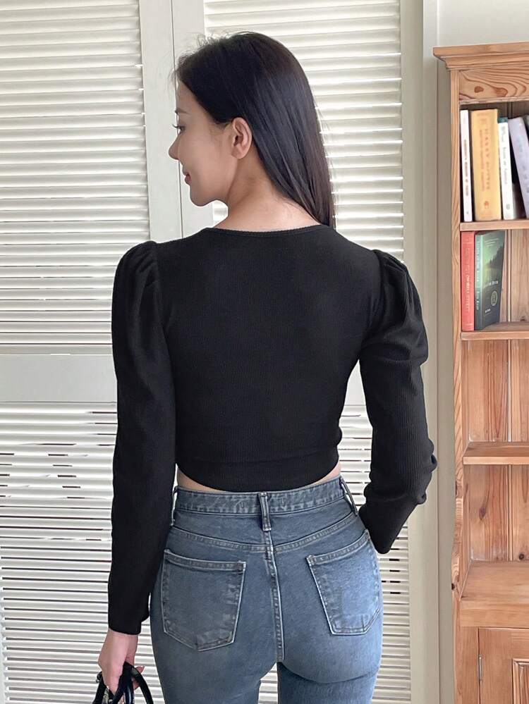 Women's Casual Solid Color Puff Sleeve T-Shirt, Autumn Long Sleeve Women Tops