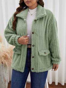 SHEIN Frenchy 秋冬大码纯色前扣长袖口袋休闲夹克 - 綠色 - 查看 5