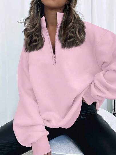 SHEIN x Carly Lawrence INAWLY Women's Casual Solid Color Drop Shoulder Relaxed Half-Zip Up Fleece Sweatshirt For Spring & Fall,Long Sleeve Tops Graduation,Back To School Outfits,Graduation,Teacher Outfits For Women,Back To School Pullover