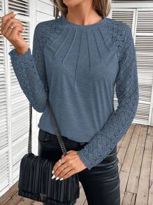 SHEIN Frenchy 撞色蕾丝插肩袖接缝细节圆领 T 恤 - 藏蓝色 - 查看 5