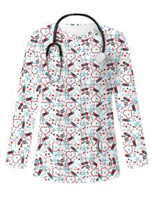 PopScrub Women's Printed Casual Long Sleeve  Uniform Jacket, Scrub Outerwear, Spring/Autumn - White - View 4