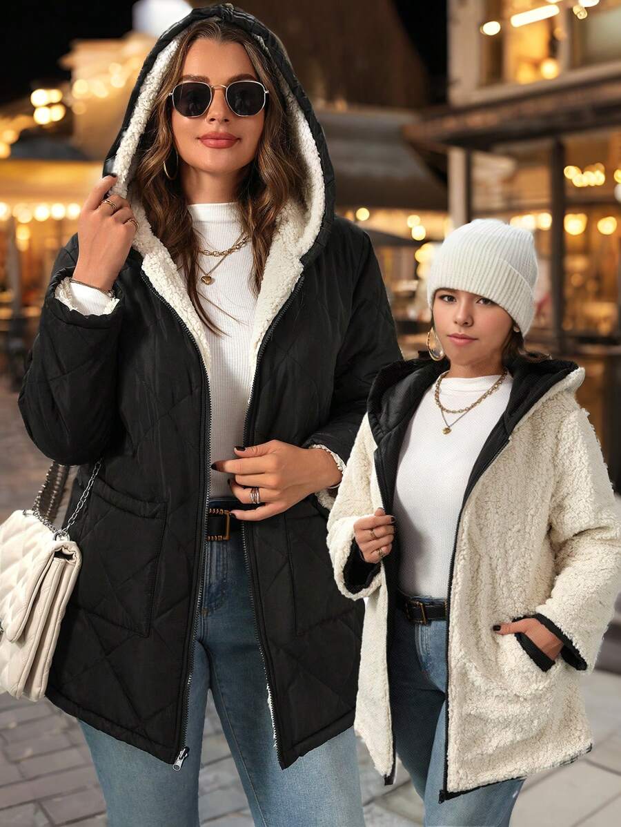 SHEIN LUNE Plus Size Hooded Padded Padded Coat Clothes Winters With Pockets - Black - View 1