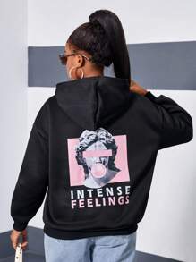 SHEIN Teen Girls Letter & Figure Graphic Kangaroo Pocket Drawstring Sweatshirt - Black - View 6