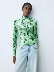 Maija Women's Velvet Floral Print Stand Collar Long Sleeve Casual T-Shirt, Autumn/Winter