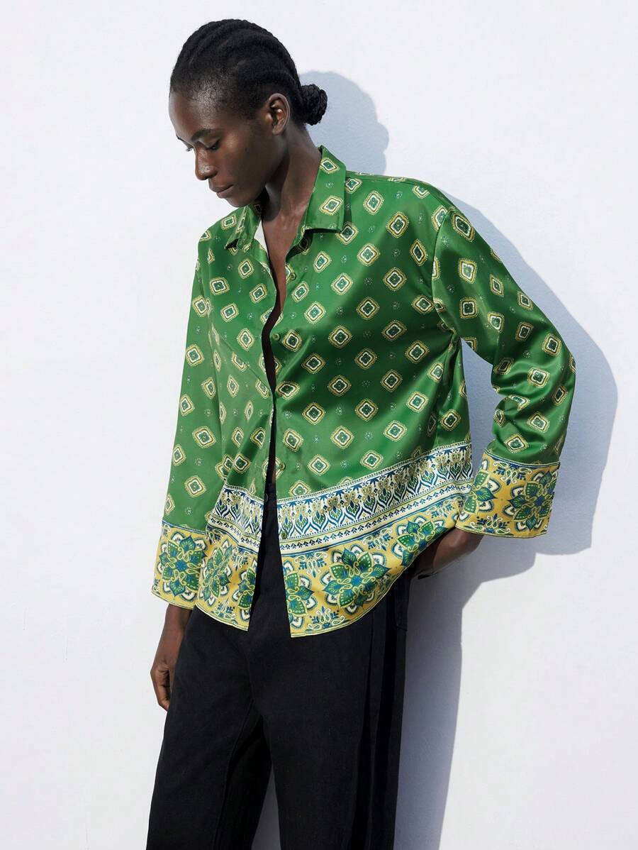 Maija 女式全印花前扣长袖休闲衬衫 - 綠色 - 查看 1