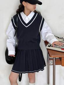 DAZY Tween Girl V-Neck Sweater Set, Fall Outfit,Back To School Clothes - Navy Blue - View 2