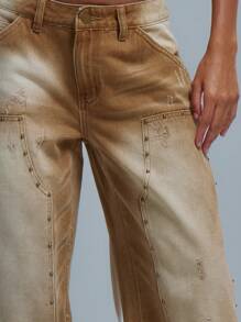 MUSERA Acid Wash Straight Leg Studded Panel Jeans Spring 90's Cute Summer Festival Native Renaissance Concert - Brown - View 5