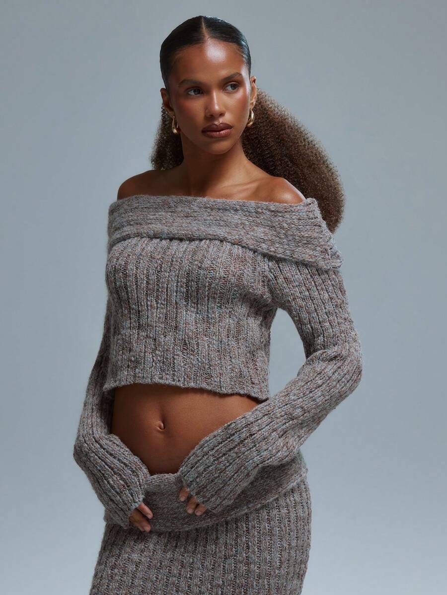 MUSERA 露肩罗纹针织短款上衣秋冬工作圣诞节