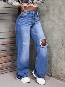 SHEIN Slayr Autumn Casual Distressed High Waist Wide Leg Jeans