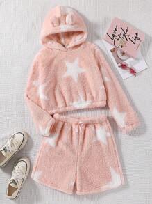 Bộ 2 món đồ trang trí tai thỏ họa tiết ngôi sao cho bé gái tuổi teen có mũ trùm đầu và quần short - Hồng - Xem 1