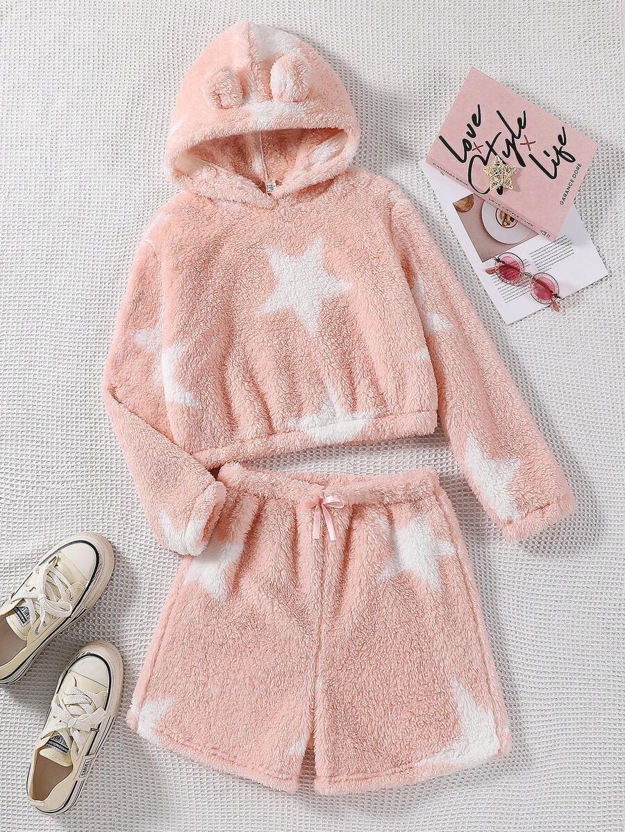 Bộ 2 món đồ trang trí tai thỏ họa tiết ngôi sao cho bé gái tuổi teen có mũ trùm đầu và quần short - Hồng - Xem 1