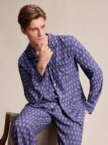 EverLounge 2 件男士几何花卉印花翻领长袖纽扣上衣和裤子家居服，春秋季 - 紫色 - 查看 5