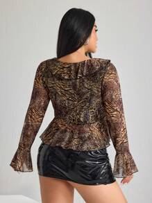 SHEIN ICON ICON Plus Size Women's Leopard Print V-Neck Ruffled Long Sleeve Knit Top - Multicolor - View 6