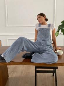 Livesso Distressed Wash Adjustable Strap Loose Denim Bib Overalls For Women