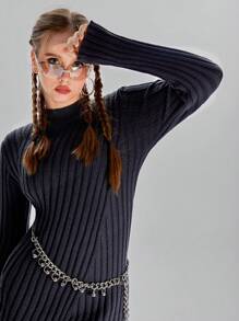 SHEIN Explorewe Teen Girl Solid Color Stand Collar Long Sleeve Sweater Dress - Apricot - View 7