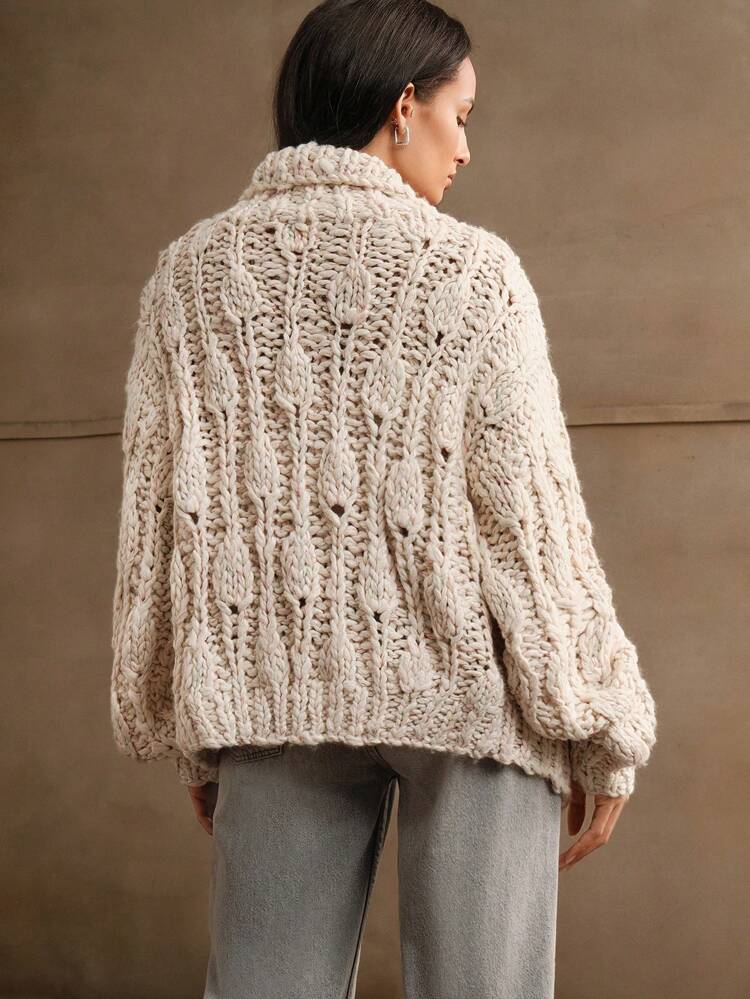 Warm Cable Knit Zipup Cardigan,Elegant Turndown Collar Sweater Jacket, Autumn/Winter