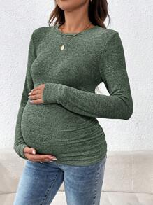 SHEIN Effen kleur zwangerschaps T-shirt met ronde hals en lange mouwen, getailleerd, lente en herfst