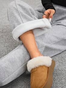 Coolane 女士纯色休闲运动日常休闲带羊毛口袋抽绳直筒休闲宽松舒适运动宽松运动裤秋冬季 - 灰色 - 查看 7