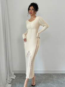 Chiquease Váy dài vừa phải thanh lịch cho nữ, mùa thu - Màu be - Xem 3