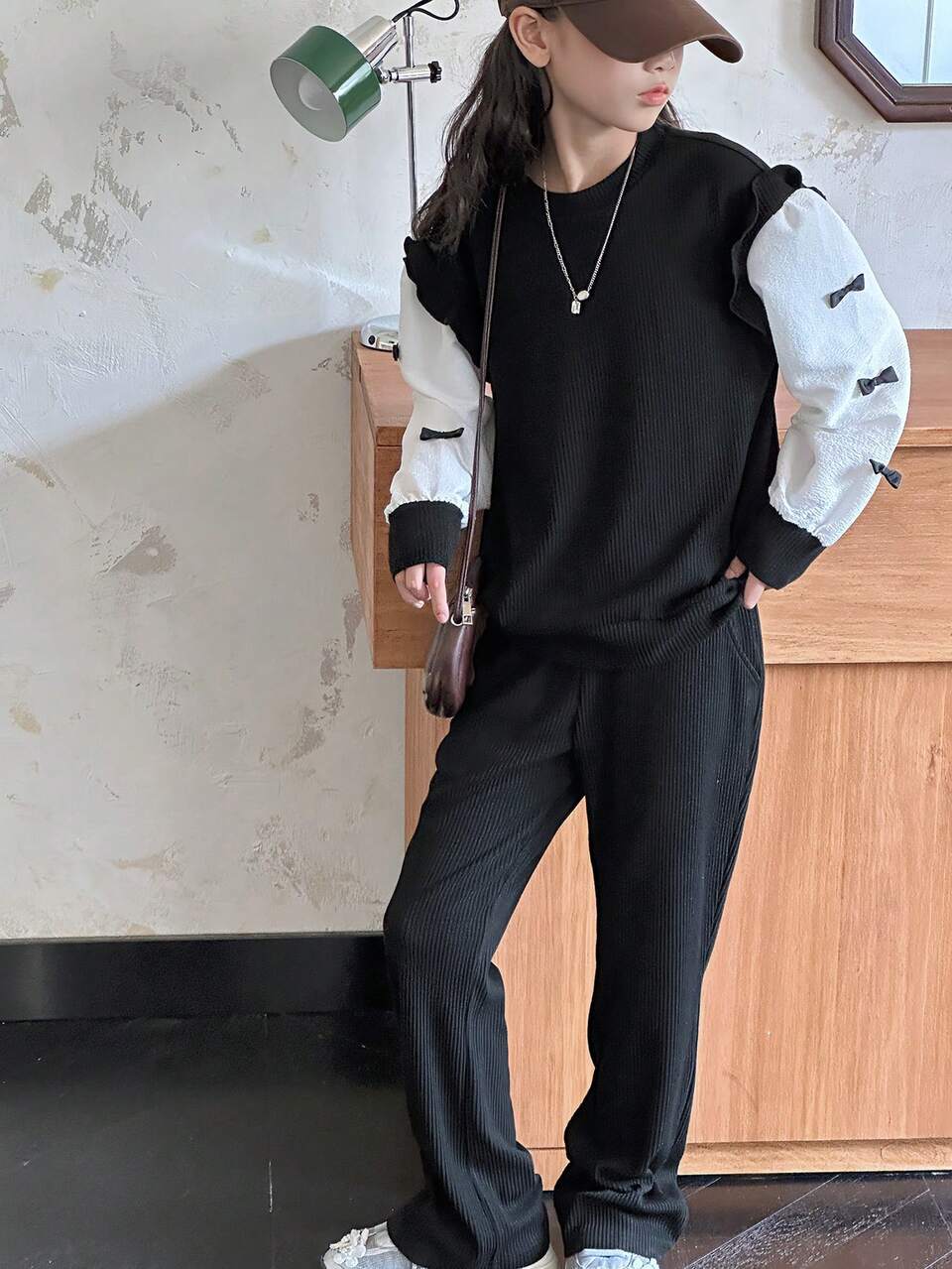 2pcs Tween Girls' Colorblock Bow Decor Long Sleeve Top And Pants Casual Set, Spring & Autumn