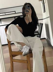 DAZY T-shirt noir à manches longues pour femmes, col en V, froncé, coupe slim, hauts pour femmes, vêtements d'automne pour femmes - Noir - Voir 6