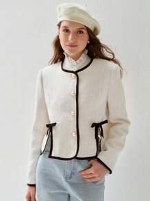 Enchnt Autumn Romantic Women's Sweetheart Contrast Color Bow-Decor Hem Elegant Short White Tweed Jacket