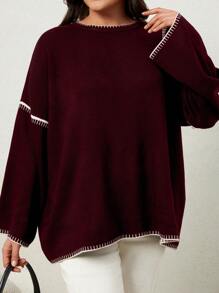 EURMUSE Plus Fall & Winter Causal Contrast Trim Drop Shoulder Sweater - Burgundy - View 3