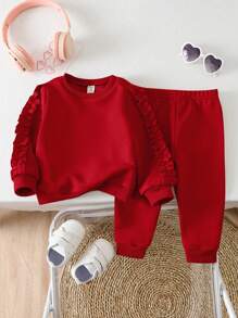 SHEIN 2pcs Baby Girl Solid Color Ruffle Trim Long Sleeve Sweatshirt And Pants Set, Fall/Winter - Red - View 1