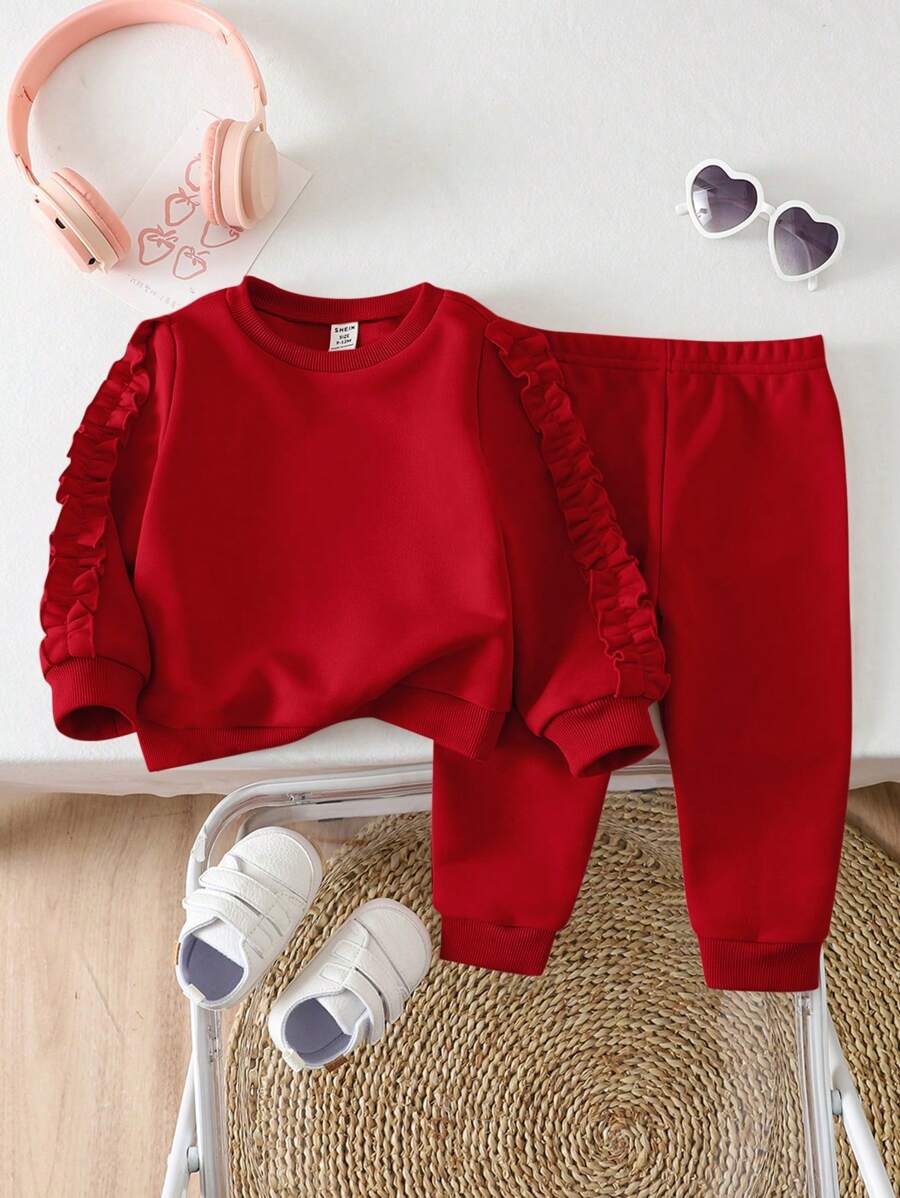 SHEIN 2pcs Baby Girl Solid Color Ruffle Trim Long Sleeve Sweatshirt And Pants Set, Fall/Winter - Red - View 1