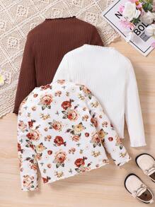 SHEIN Leap Crew Áo thun cổ đứng dệt kim họa tiết hoa/màu trơn cho bé gái, mặc vào dịp Giáng sinh, thích hợp mặc thường ngày & mặc thường ngày & mặc đi học vào mùa thu đông - Nhiều màu - Xem 2