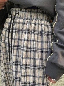 FRIFUL 女士抽绳腰格子阔腿宽松休闲裤 - 米色 - 查看 7