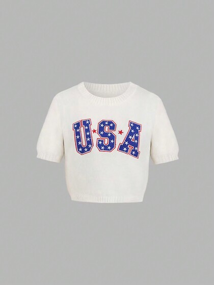 Lunelith SHEIN Lunessa Parte superior de punto de manga corta con cuello redondo y estampado de letras para mujer