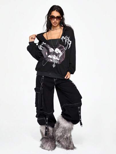 Grunge Punk Sweat-shirt surdimensionné pour femmes avec impression de lèvres et accent métallique