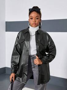 SHEIN Leap Crew 青少年纯色仿口袋翻领 PU 皮革长袖开衫