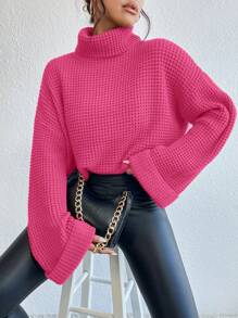 Calvaya Suéter de cuello alto suelto de un solo color con hombros caídos, otoño e invierno, para mujer