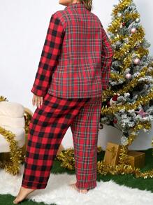 Plus Size Women's Plaid Lapel Collar Single-Breasted Long Sleeve Top And Pants Pajama Set