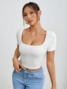 SHEIN PETITE 3pcs/Set Women Summer Casual Square Neck Short Sleeve Slim Fit T-Shirts, Simple Black White Grey Design