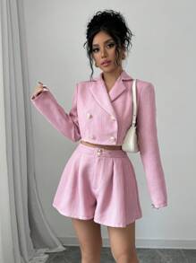Elenzga 2pcs Women's Elegant Tweed Double-Breasted Jacket And Shorts Set, Spring & Autumn Fall Cloth For Women - Pink - View 4