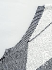 Manfinity Hypemode Chaleco de punto informal con cuello en V y estampado de argyle bicolor para hombre en otoño/invierno