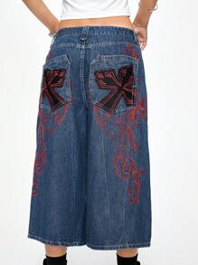 ROMWE Grunge Punk Low-Rise Extra Baggy Street Style Vintage Vine Cross Embroidered Loose 7/8 Boy Friend Jeans - Blue - View 5