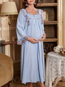 Camisón de maternidad oversize con volantes de contraste, plisado acordeón y decoración de lazo, para vacaciones