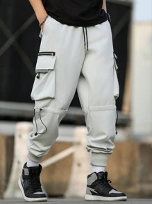 Manfinity EMRG Drawstring Ankle Cuff Cargo Pants, Men's Loose Fit Harem Style Reflective Stripe Hip Hop Casual Trousers - Light Grey - View 3