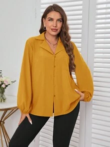 SHEIN Privé Plus Size Casual Button-Up Bell Sleeve Blouse, Autumn - Yellow - View 5