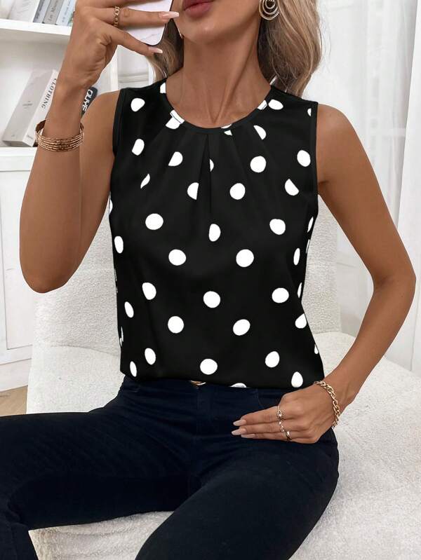 SHEIN Clasi Women's Polka Dot Print Crew Neck Sleeveless Casual Blouse, Summer