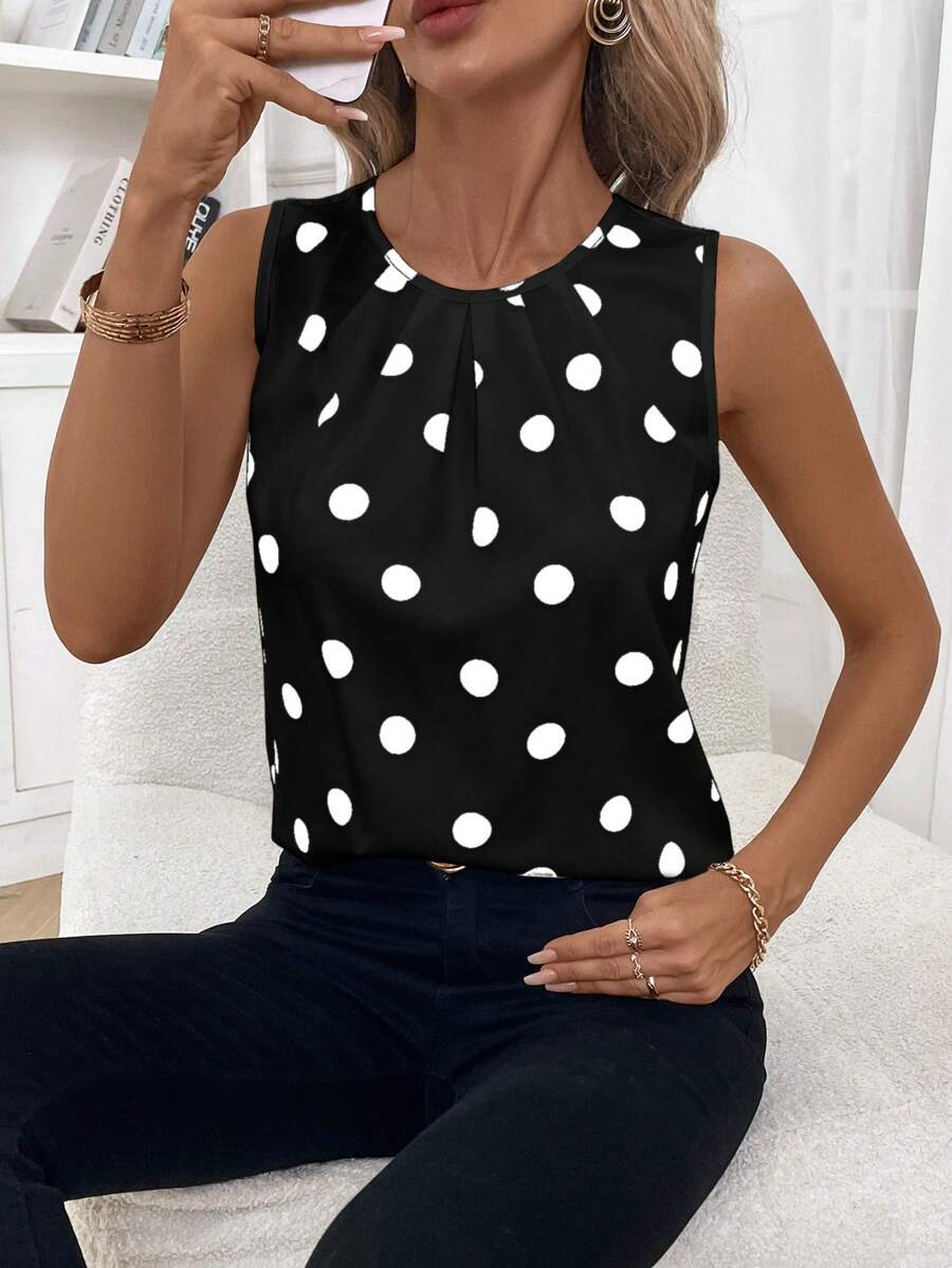 SHEIN Clasi Dam prickiga tryck rund hals ärmlös Casual blus, sommar - Svart och Vitt - Visa 1