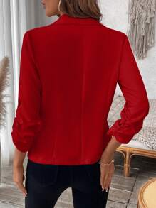 SHEIN LUNE Solid Color Pocketed Single-Button Cuff Hem Pleated Women Blazer For New Year Clothes - Red - View 2