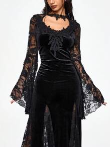 ROMWE Goth 女式黑暗女巫风格蕾丝拼布喇叭袖紧身美人鱼连衣裙 - 黑色 - 查看 2