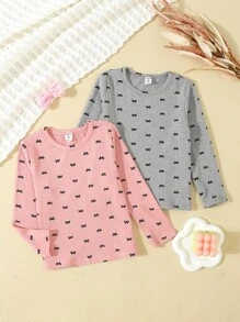 2pcs Girls Casual Pink & Gray Butterfly Print Long Sleeve Underwear Set